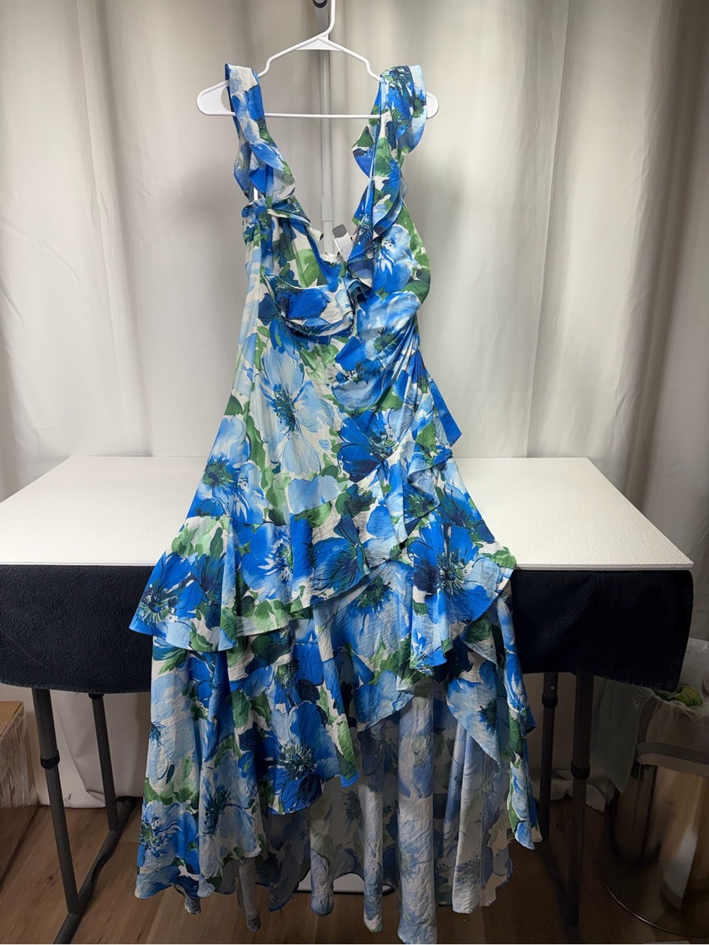 Alex Marie Blue and Green Floral Ruffled High-Low Dress 4490